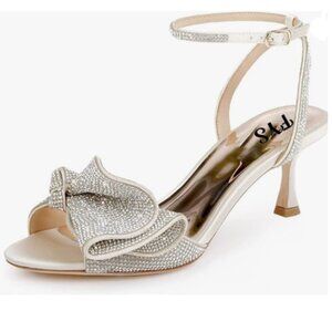 FYS Beige Rhinestones Bow Peep Toe Mid Heel Ankle Strap Sandals Satin Dress Shoe